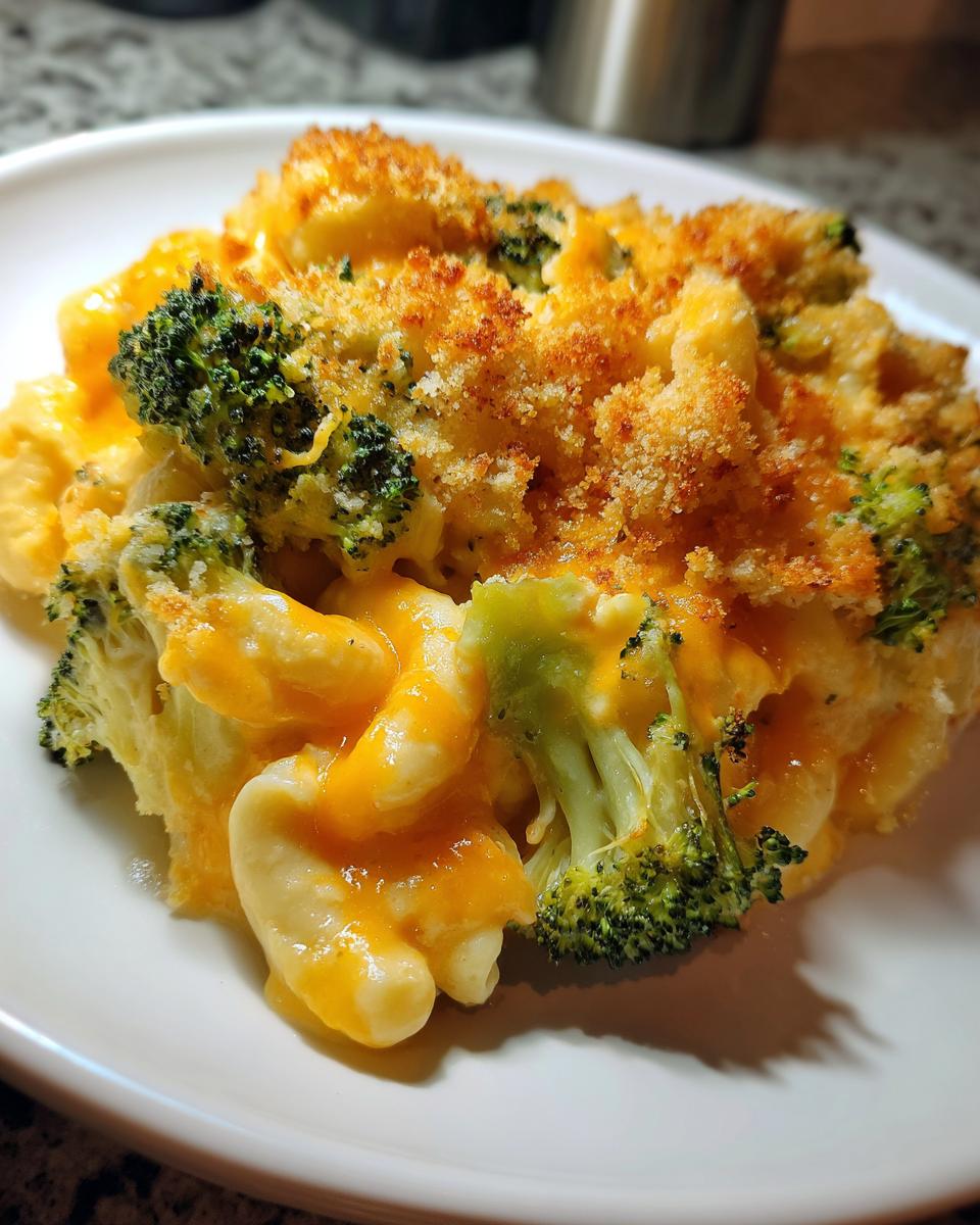 Close-up of a serving of creamy broccoli cheddar casserole topped with golden brown breadcrumbs.