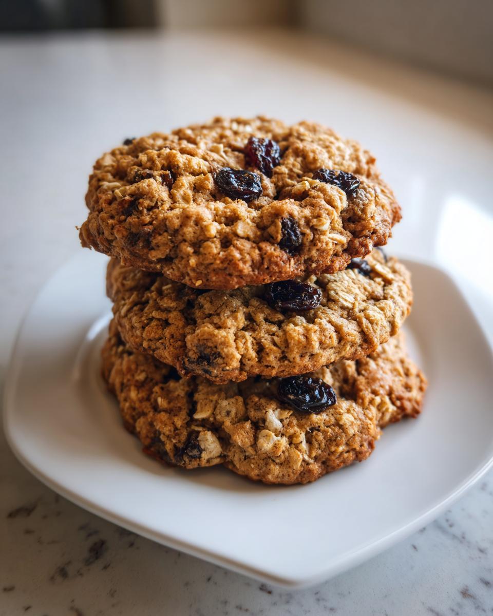 A stack of three chewy brown butter oatmeal raisin cookies resting on a white square plate.