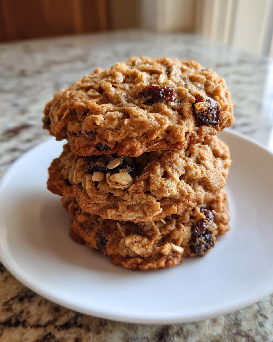 A stack of three chewy oatmeal raisin cookies featuring visible oats and plump raisins.