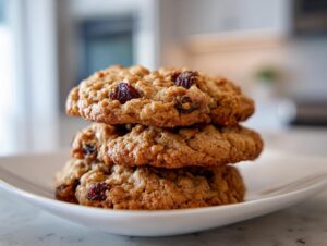 A stack of three golden brown oatmeal raisin cookies resting on a white plate.