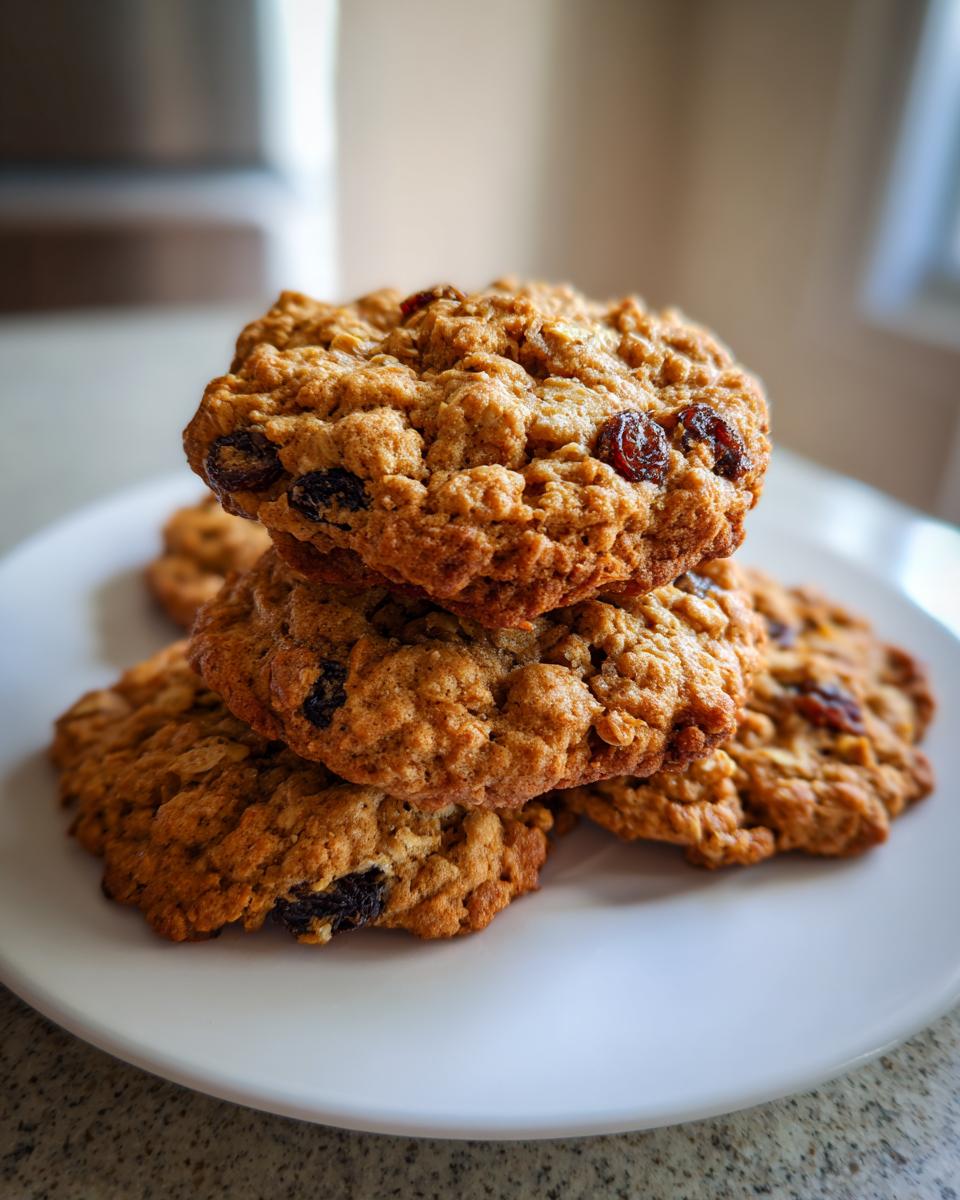A stack of three golden brown oatmeal raisin cookies piled on a white plate.