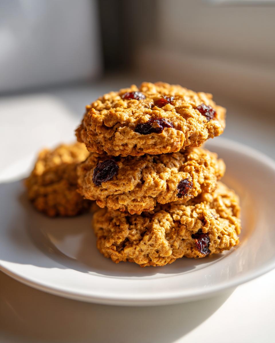 A stack of three golden brown oatmeal raisin cookies resting on a white plate, illuminated by sunlight.
