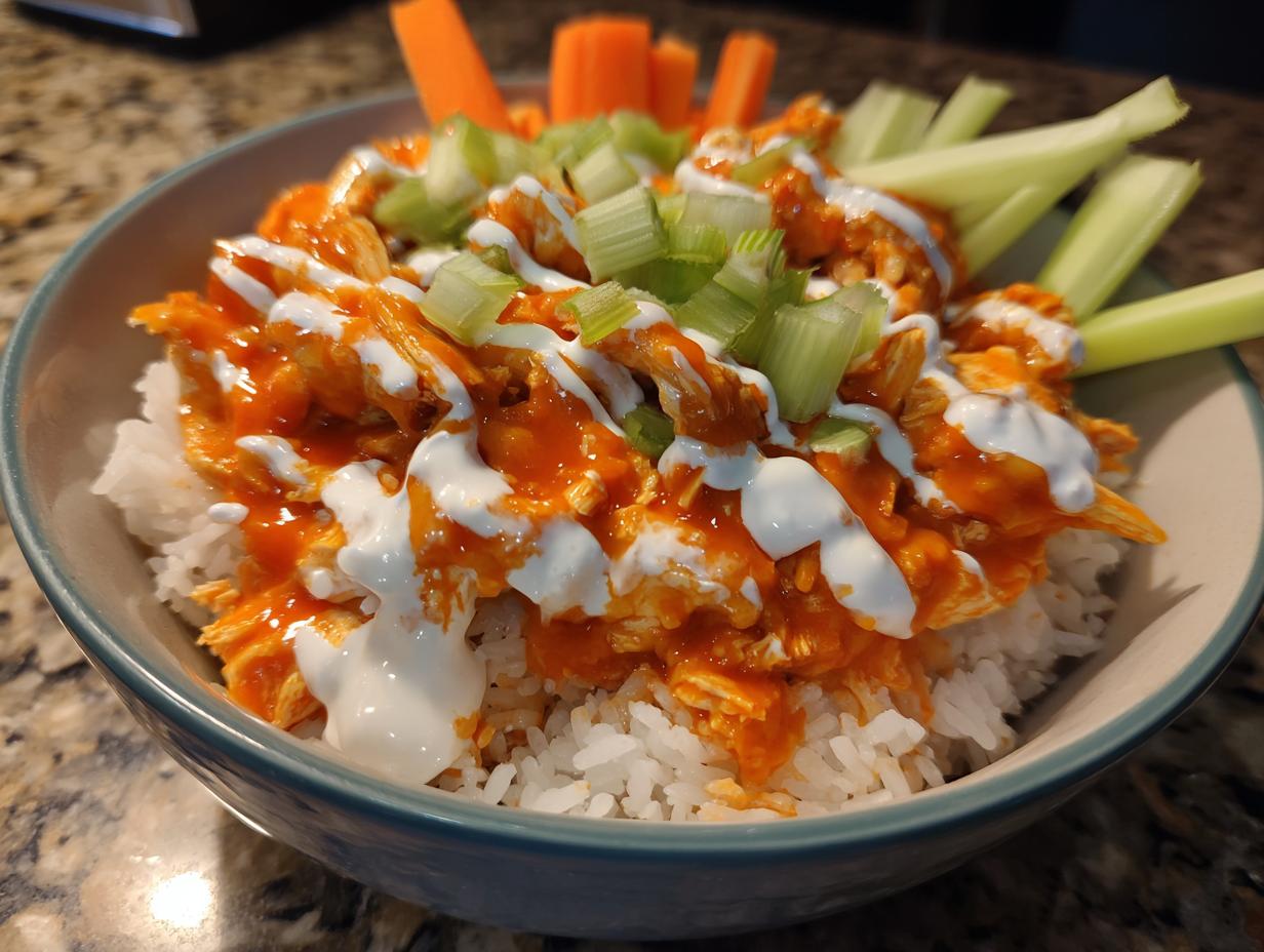 A close-up of a bowl filled with white rice topped with saucy buffalo chicken, drizzled with ranch dressing, and garnished with celery and carrots.