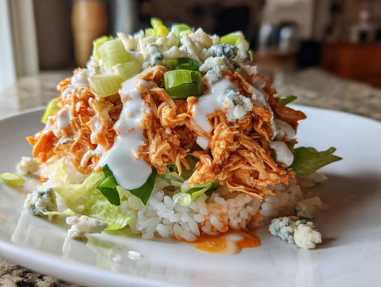 A vibrant buffalo chicken bowl featuring shredded orange buffalo chicken over rice, topped with blue cheese crumbles and ranch dressing.
