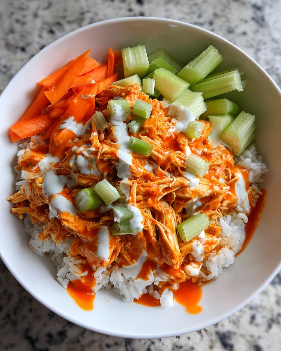 A white bowl filled with white rice topped with saucy buffalo chicken, ranch drizzle, celery, and carrots.