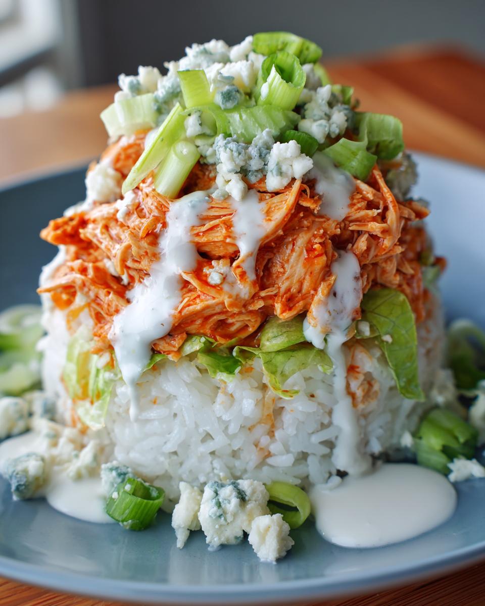 A tall, layered buffalo chicken bowl featuring white rice, lettuce, shredded buffalo chicken, ranch dressing, blue cheese crumbles, and celery.