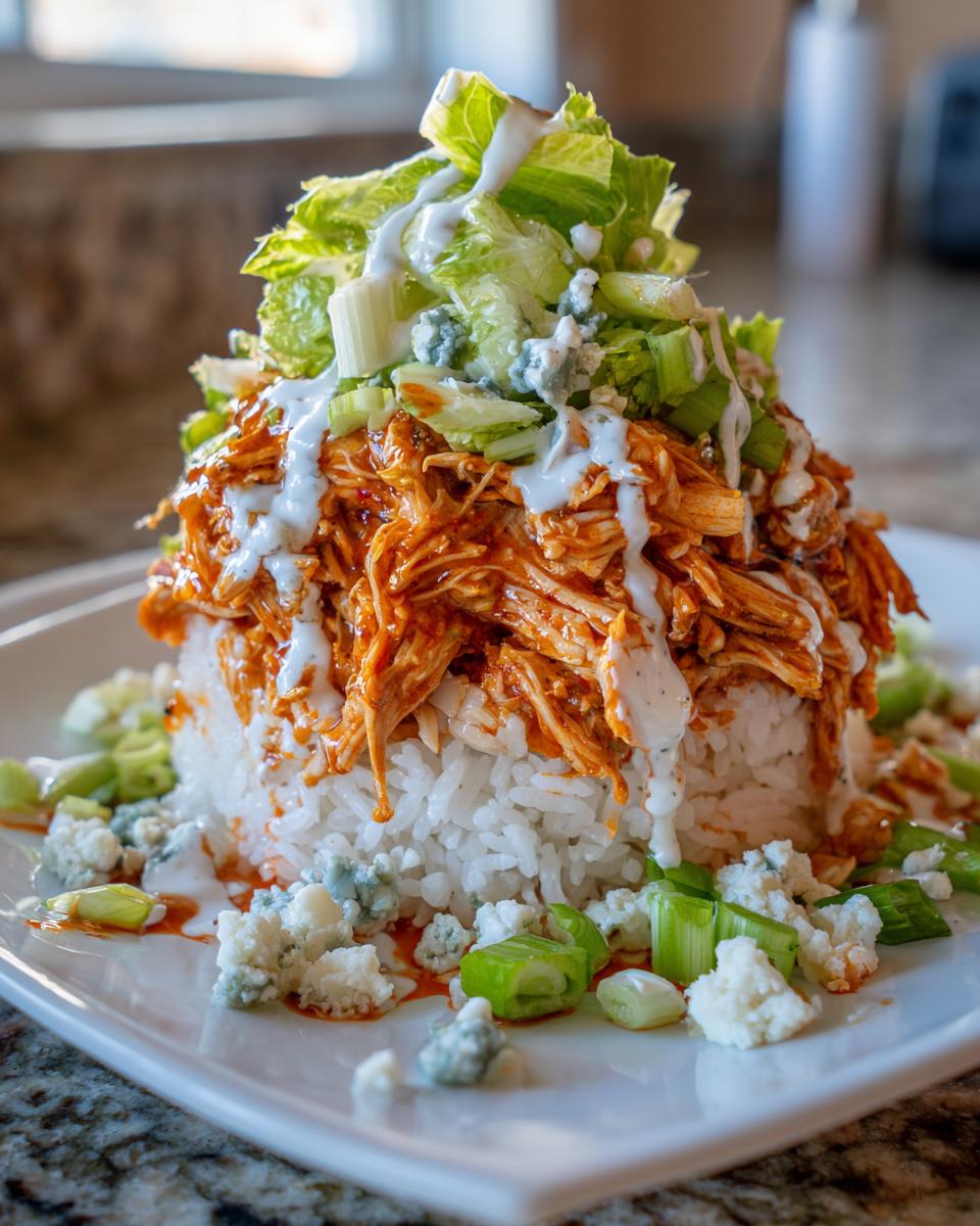 A tall stack featuring white rice topped with shredded buffalo chicken bowl, lettuce, blue cheese crumbles, and ranch dressing.