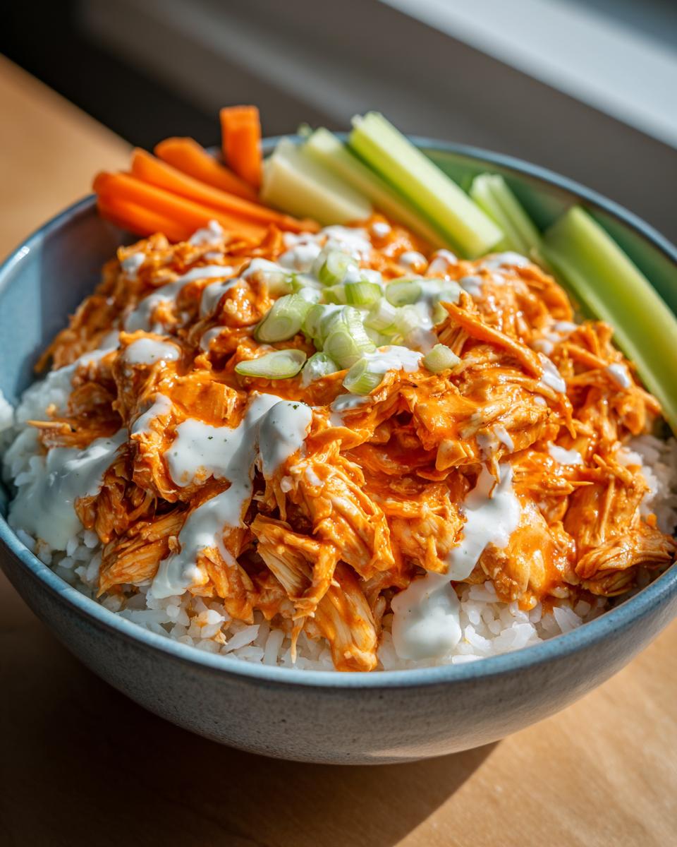 Close-up of a blue bowl filled with white rice topped with saucy buffalo chicken, drizzled with ranch, and garnished with green onions.