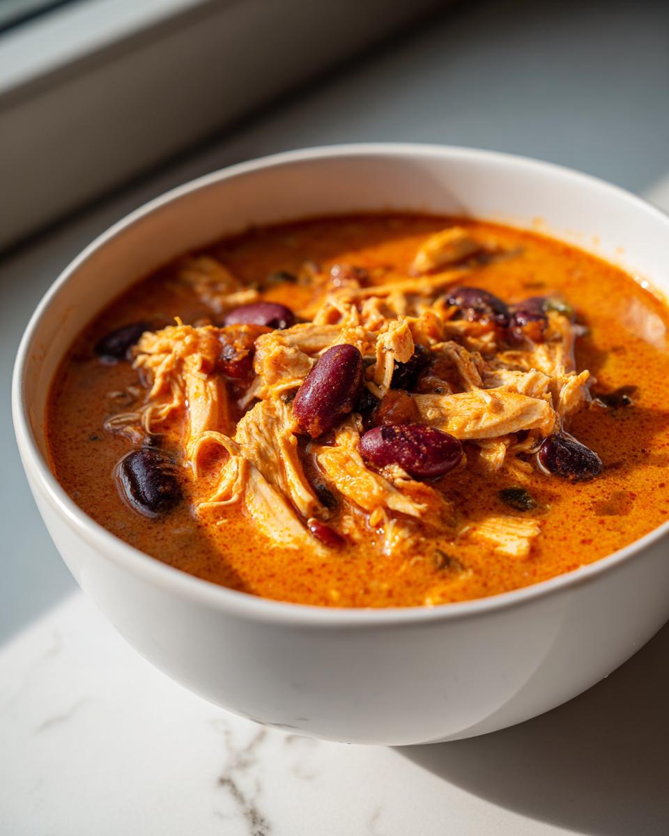 Close-up of shredded chicken and dark red kidney beans in a rich, orange-red broth of buffalo chicken chili.