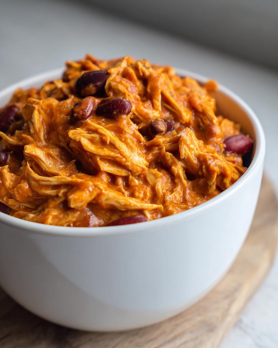A close-up view of creamy, shredded buffalo chicken chili mixed with kidney beans served in a white bowl.