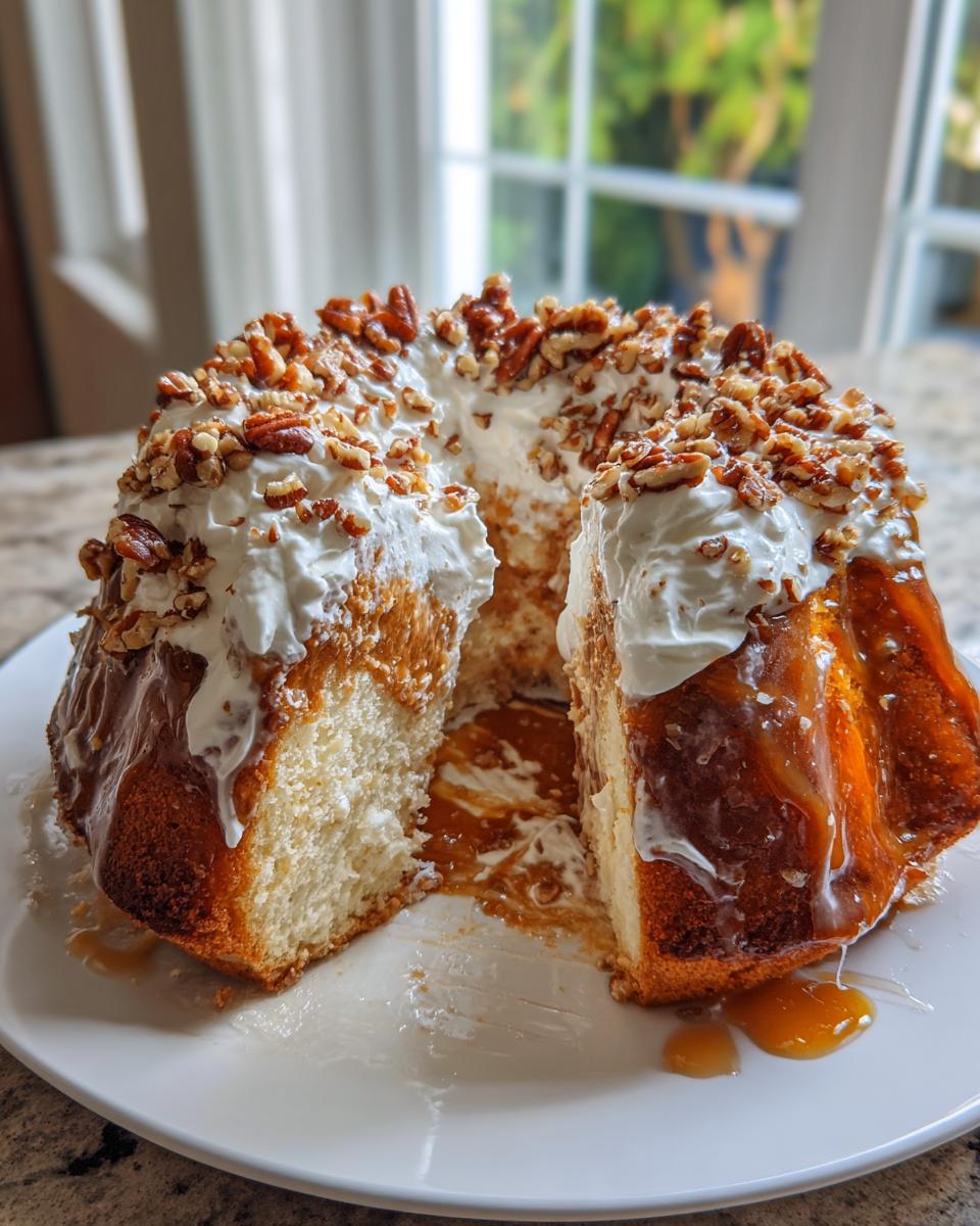 A slice removed from a bundt-style butter pecan praline poke cake topped with whipped cream and pecans.