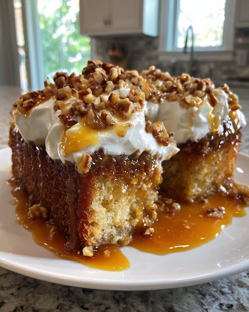 A slice of rich butter pecan praline poke cake soaked in caramel sauce, topped with whipped cream and pecans.