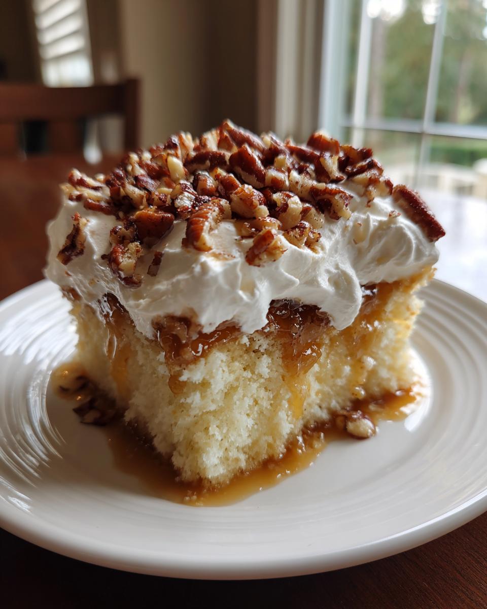 A moist slice of butter pecan praline poke cake topped with whipped cream and chopped pecans.