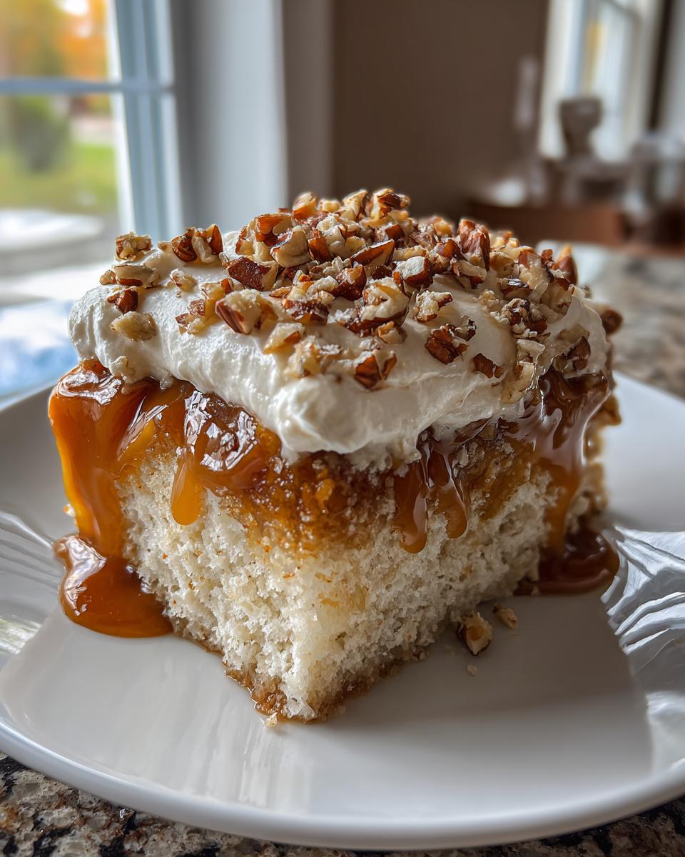 A close-up of a slice of butter pecan praline poke cake, drizzled with caramel and topped with whipped cream and chopped pecans.