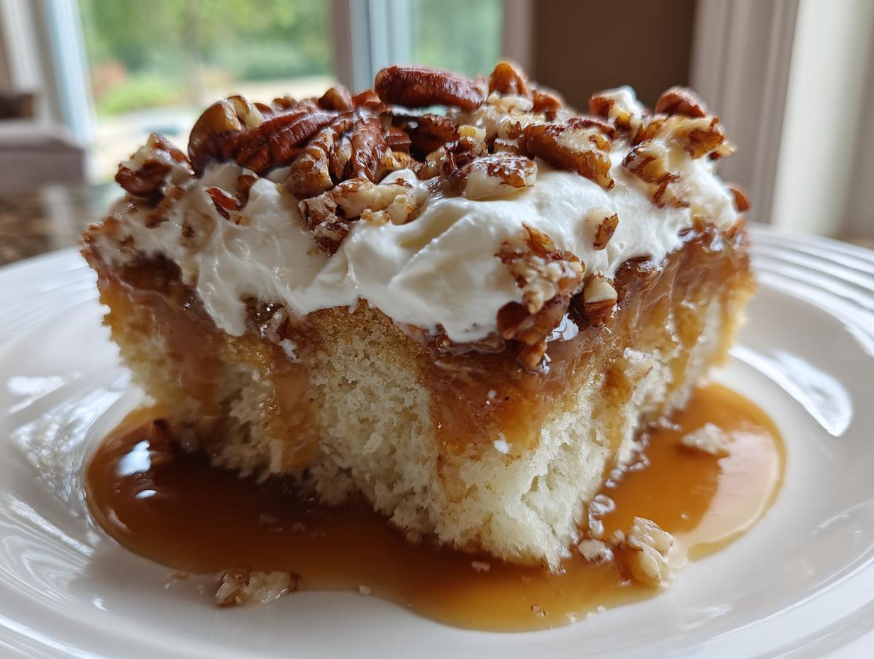 A close-up of a moist slice of butter pecan praline poke cake topped with whipped cream and pecans.