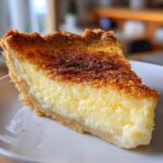 Close-up of a thick slice of buttermilk pie showing the creamy yellow filling and deeply caramelized top crust.