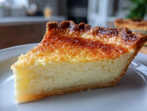A close-up slice of creamy buttermilk pie showing a deeply caramelized top crust.