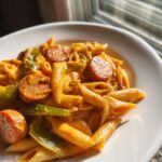 Close-up of creamy Cajun sausage pasta with penne, sliced sausage, and green peppers in a white bowl.