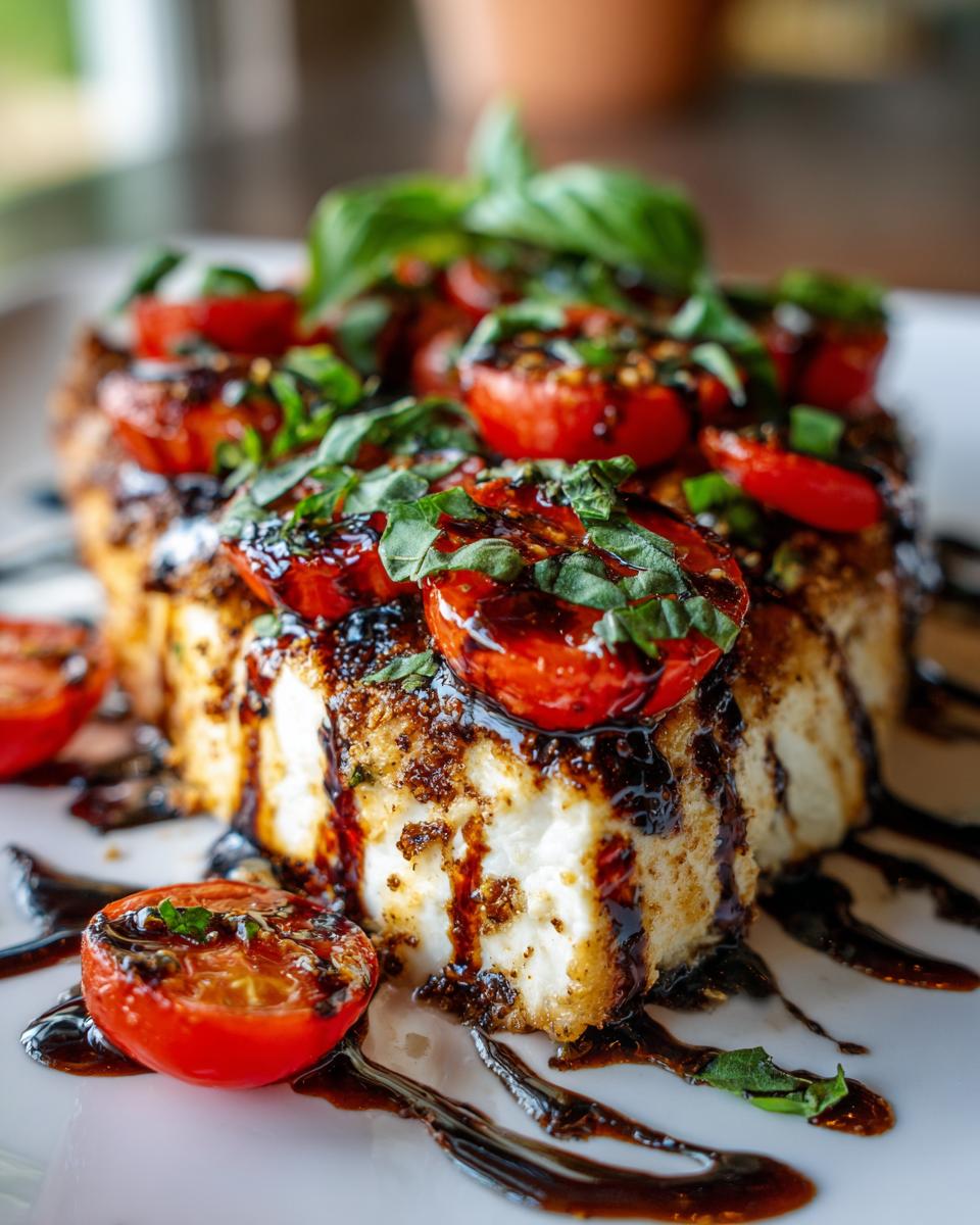 Close-up of savory Caprese chicken topped with roasted cherry tomatoes, fresh basil, and a balsamic glaze drizzle.