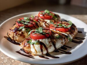 Four pieces of golden-brown Caprese chicken topped with melted mozzarella, tomato slices, and fresh basil, drizzled with balsamic glaze.
