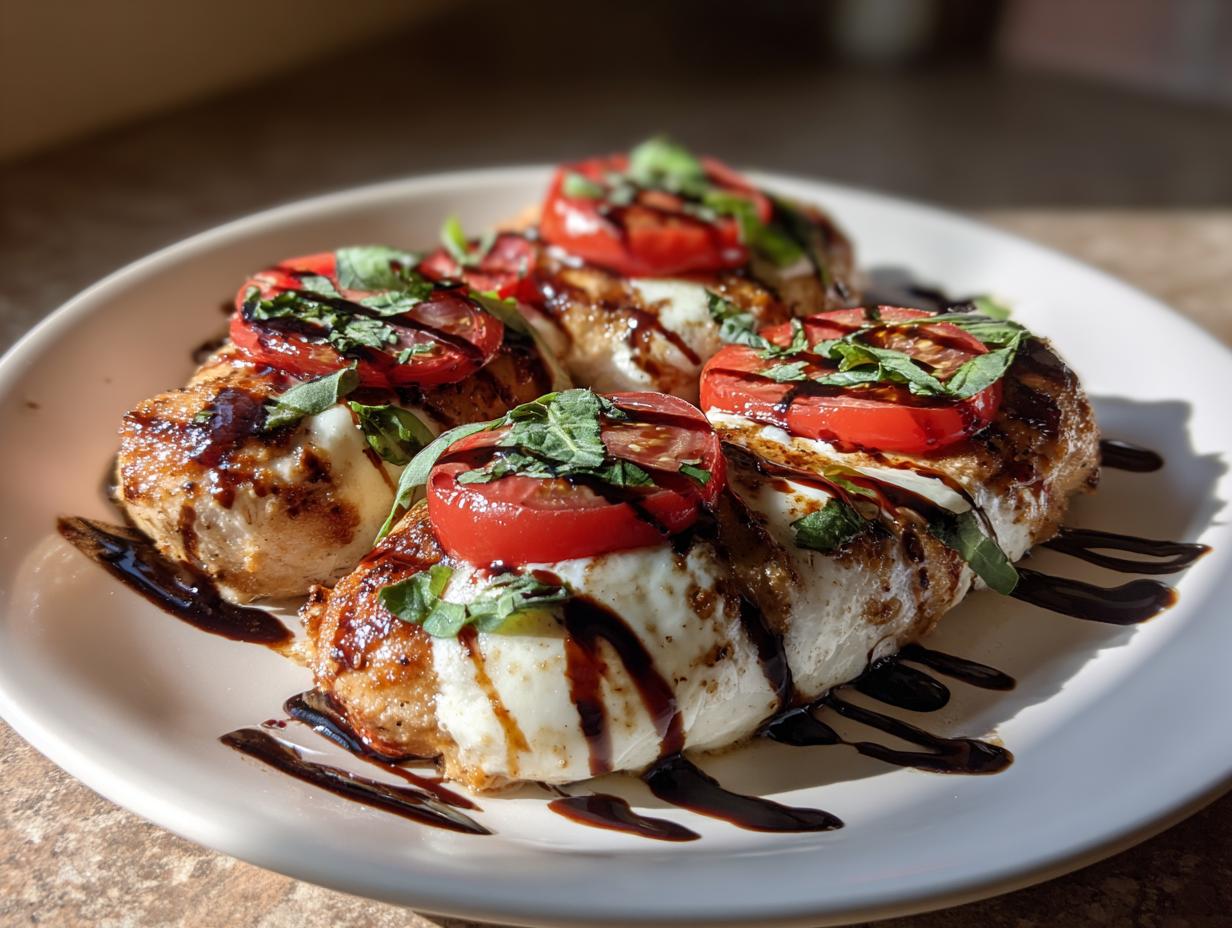 Four pieces of golden-brown Caprese chicken topped with melted mozzarella, tomato slices, and fresh basil, drizzled with balsamic glaze.