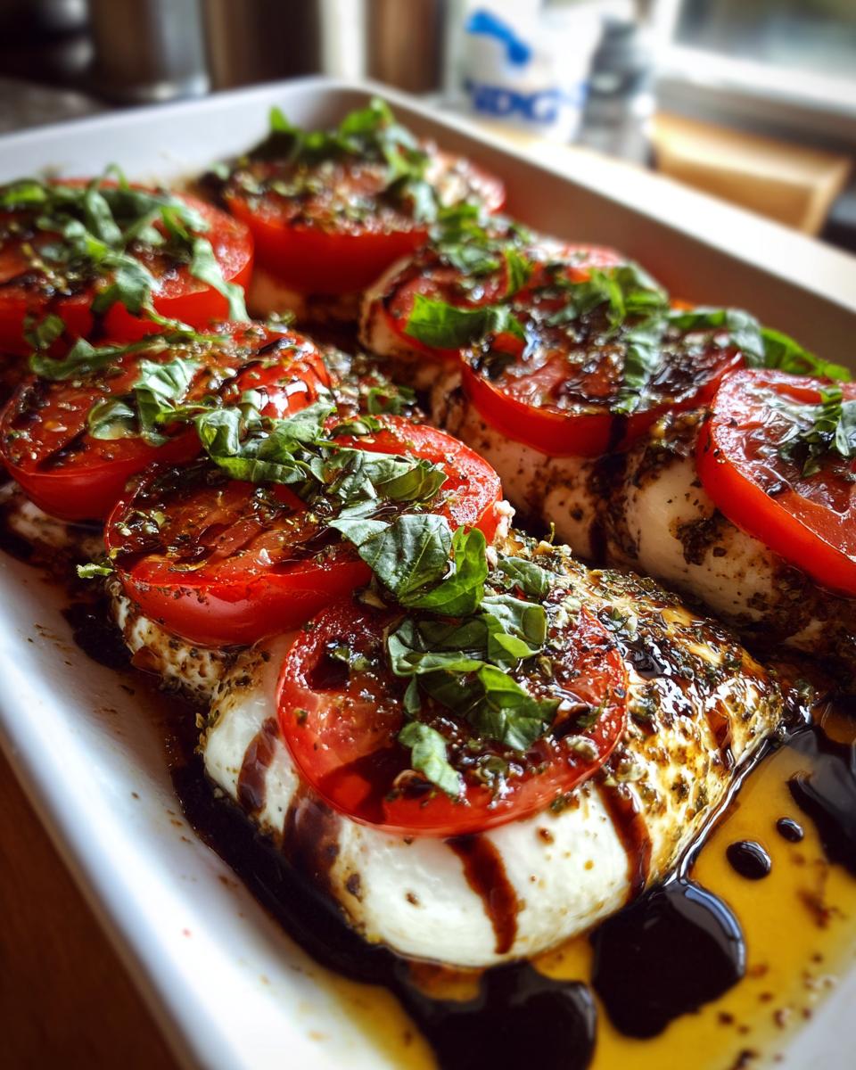 Close-up of baked caprese chicken topped with mozzarella, tomato slices, basil, and balsamic glaze.