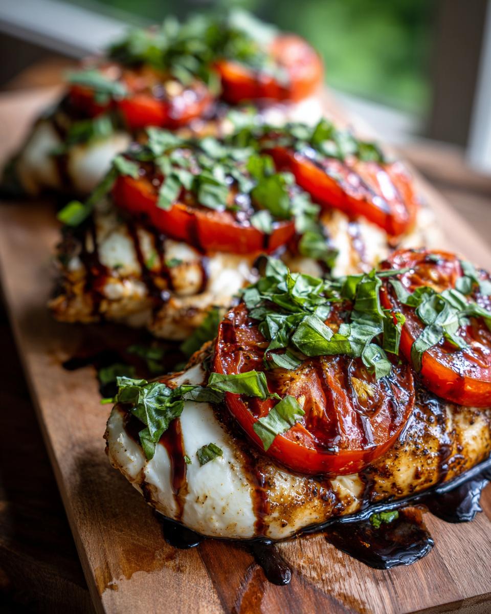 Three servings of juicy Caprese chicken topped with melted mozzarella, roasted tomatoes, and fresh basil, drizzled with balsamic glaze.