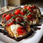 Close-up of pan-seared Caprese chicken topped with melted mozzarella, cherry tomatoes, basil, and balsamic glaze.