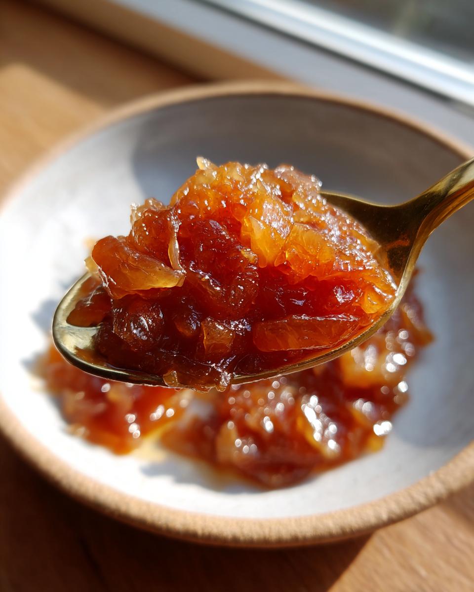 Close-up of rich, dark caramelized onions being lifted out of a bowl on a golden spoon.