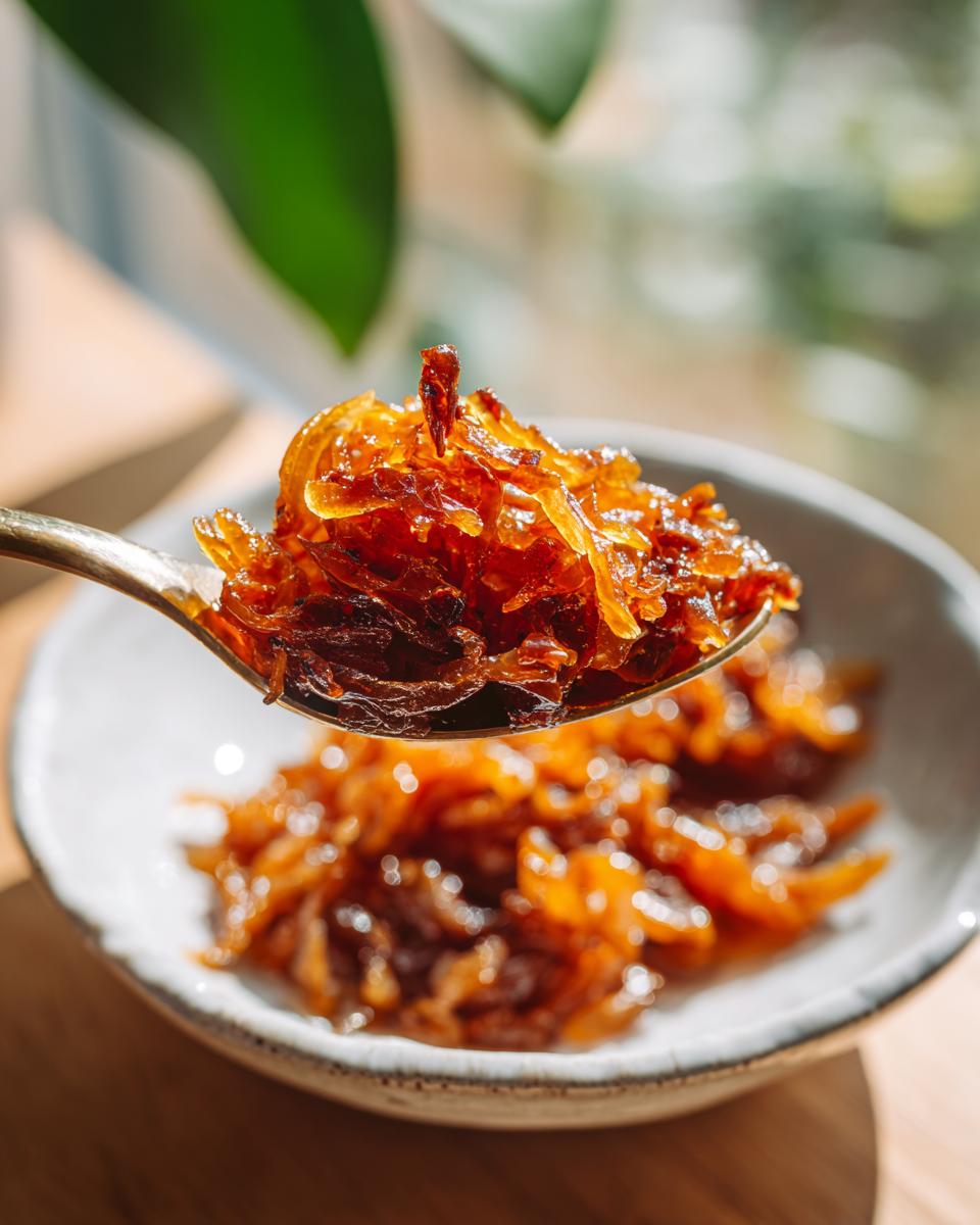 A spoonful of rich, dark caramelized onions being lifted from a small white bowl.