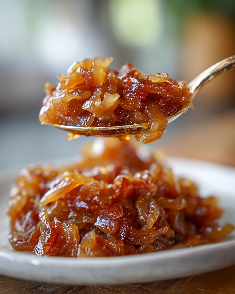 A close-up shot showing a spoonful of rich, brown caramelized onions being lifted above a small pile on a white plate.