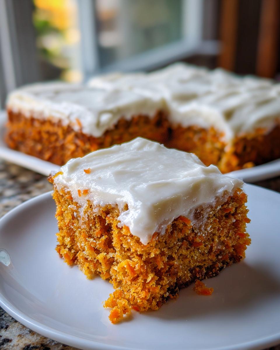 Close-up of a moist square of carrot cake bars topped with thick cream cheese frosting.
