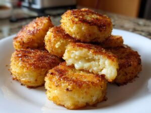 A stack of crispy, golden brown mashed potato cakes, one cut open revealing a melted cheese center.