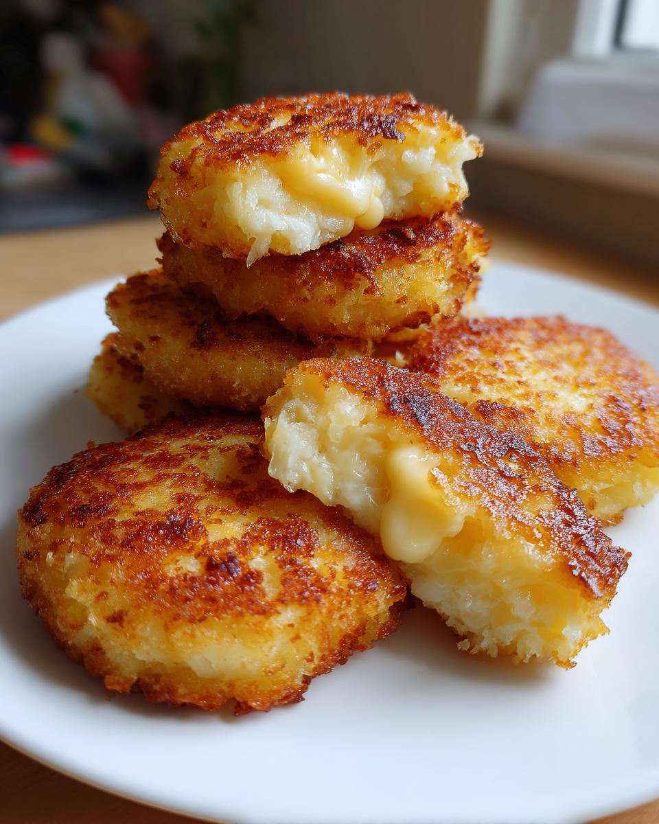 A stack of golden brown, pan-fried mashed potato cakes with melted cheese oozing out of a broken one.