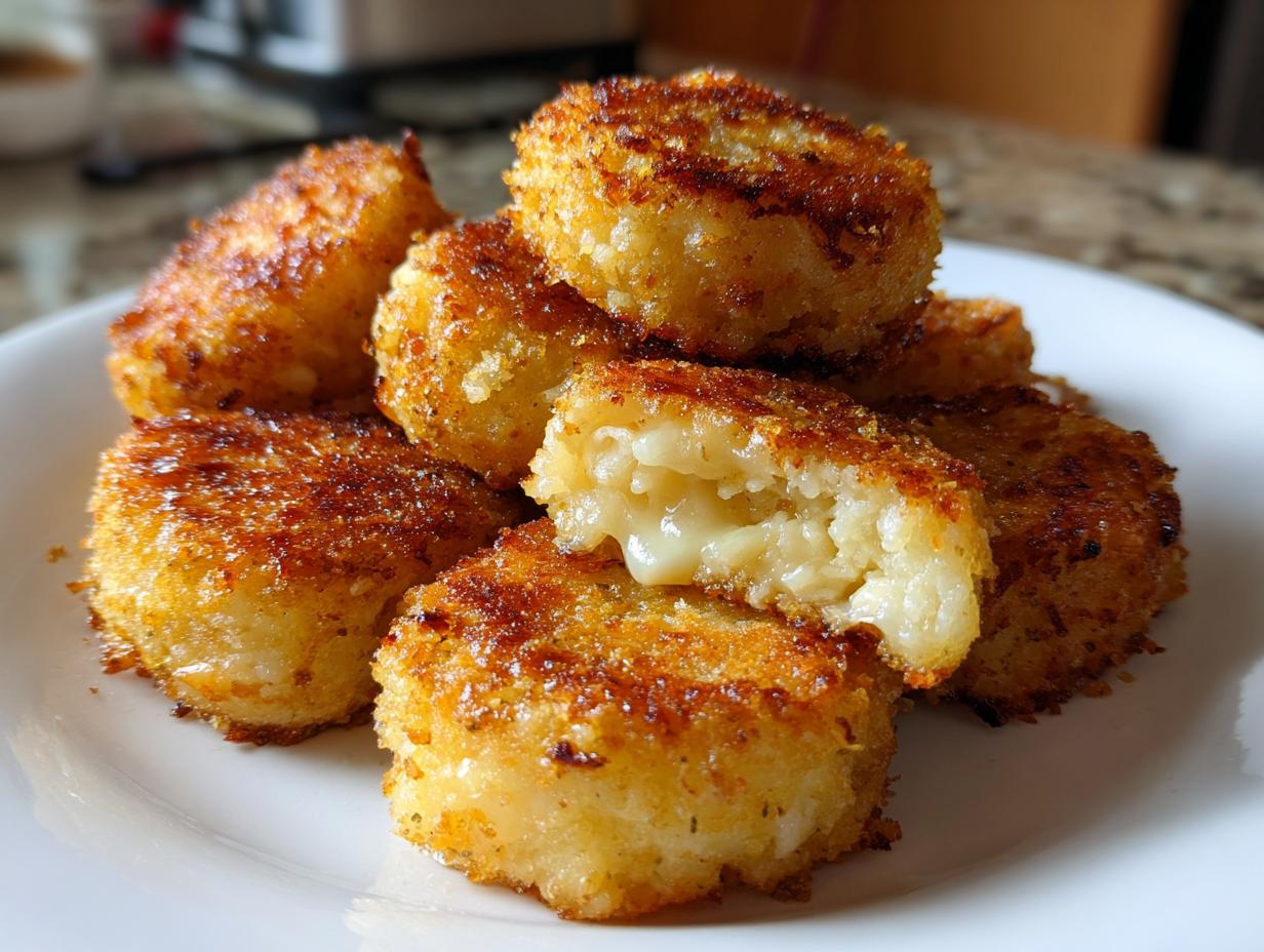 A stack of crispy, golden brown mashed potato cakes, one cut open revealing a melted cheese center.