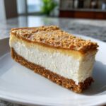 Close-up of a perfect slice of creamy cheesecake recipe on a white plate.