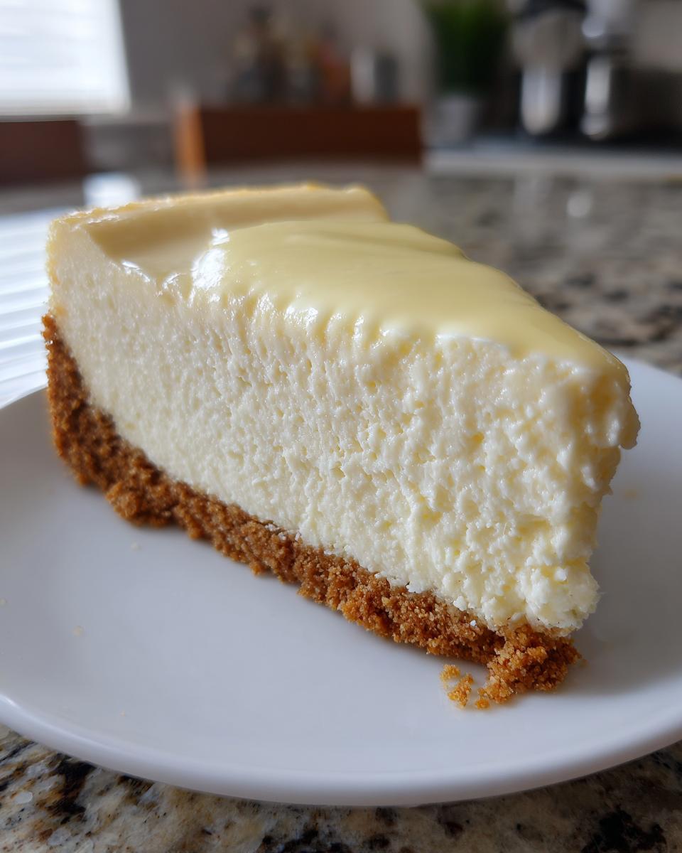 A perfect slice of creamy cheesecake recipe with a thick graham cracker crust and smooth, pale yellow topping.