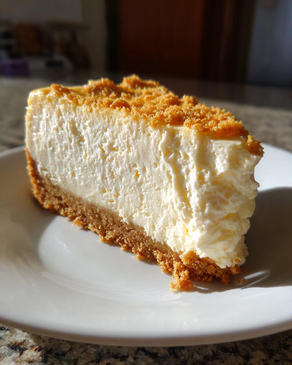 A perfect slice of creamy cheesecake recipe on a white plate, showing a thick graham cracker crust and crumb topping.