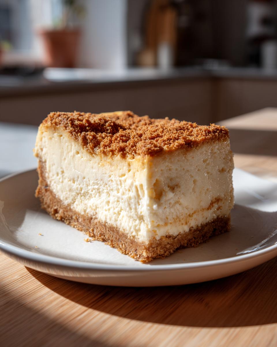 A thick slice of creamy cheesecake recipe with a graham cracker crust and crumb topping on a white plate.