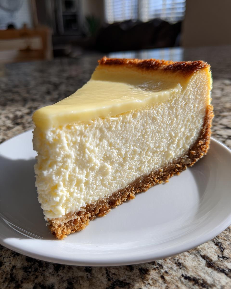 A close-up, sunlit slice of creamy cheesecake recipe with a graham cracker crust on a white plate.