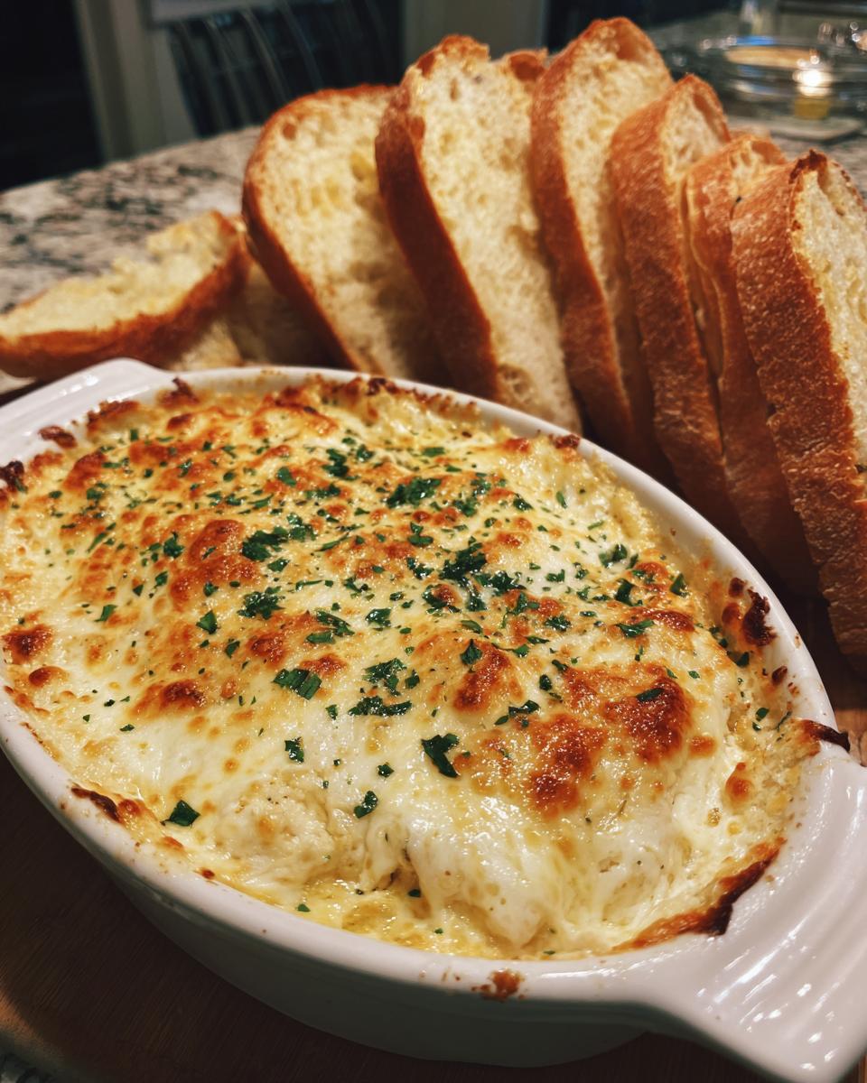 A hot, bubbly, cheesy baked bread dip garnished with parsley, served next to slices of toasted baguette.