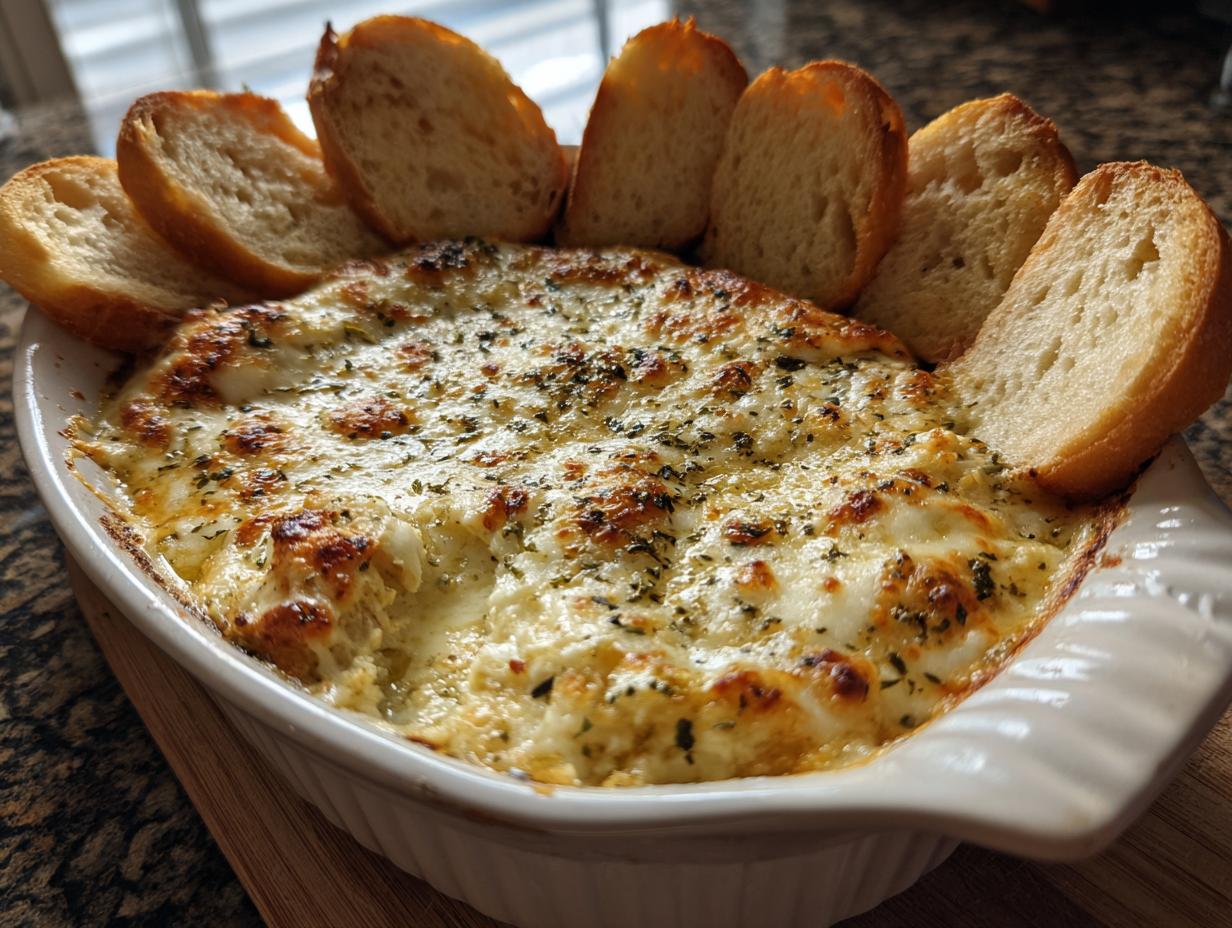 Hot, cheesy baked bread dip in a white dish, surrounded by toasted baguette slices for dipping.