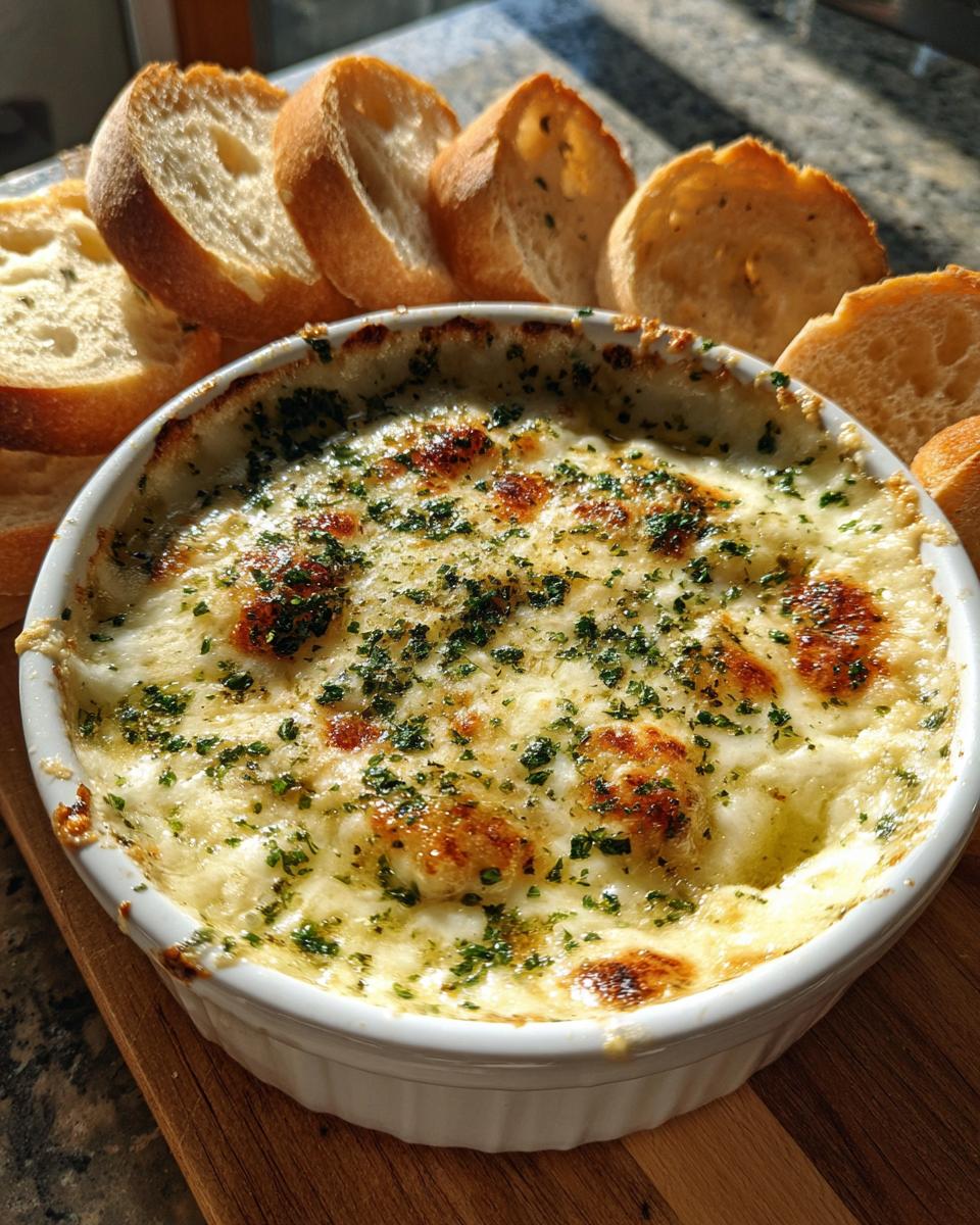 A bubbling, cheesy baked bread dip topped with parsley, served with slices of toasted baguette for dipping.