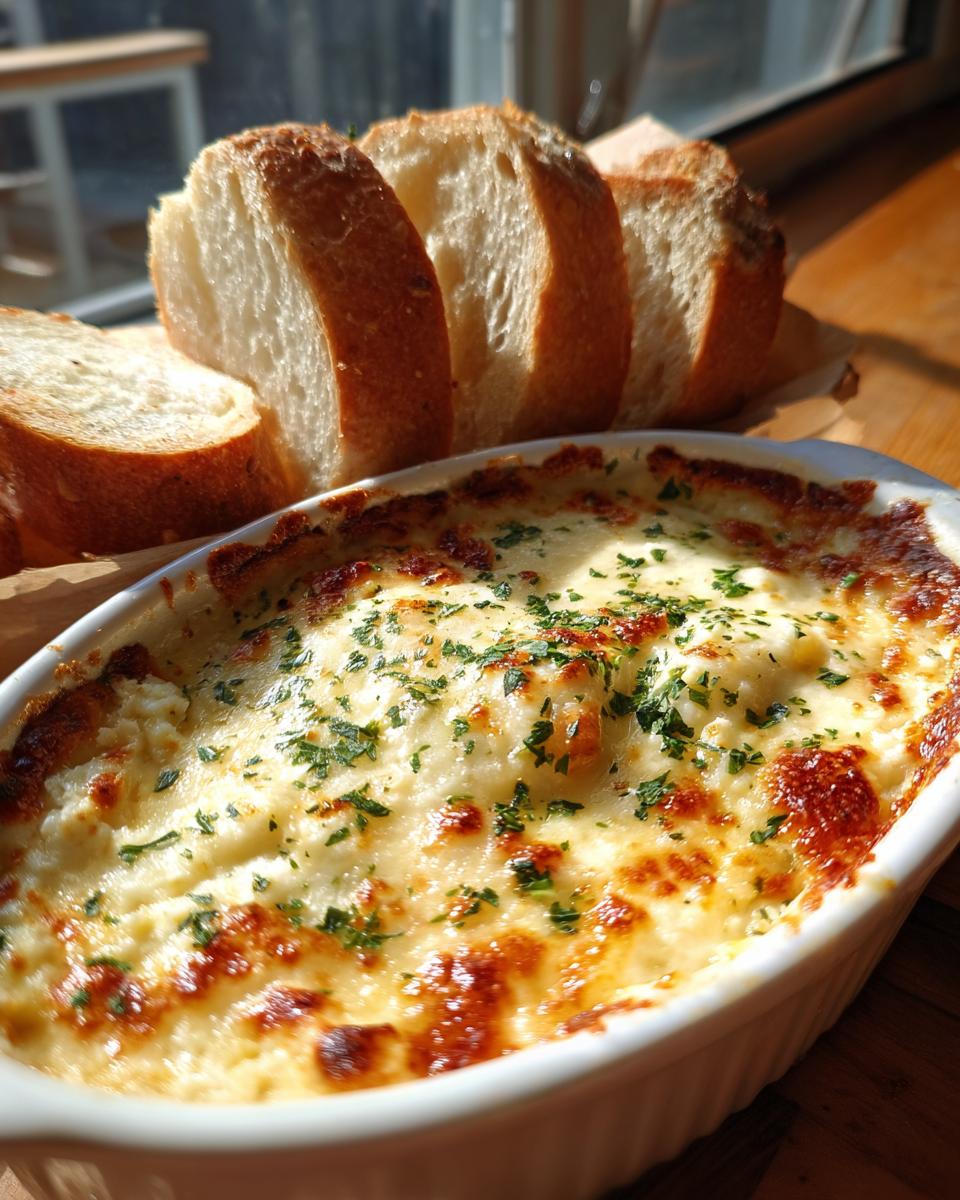 Close-up of a hot, cheesy baked bread dip topped with parsley, served alongside slices of crusty bread.