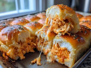 Close-up of cheesy buffalo chicken sliders pulled apart showing a dramatic cheese pull and shredded chicken filling.