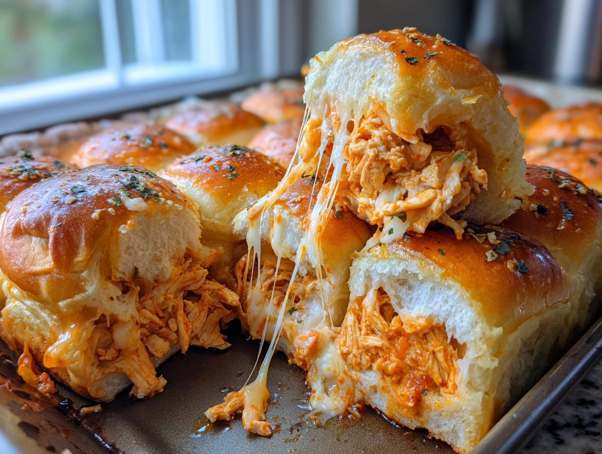 Close-up of cheesy buffalo chicken sliders pulled apart showing a dramatic cheese pull and shredded chicken filling.