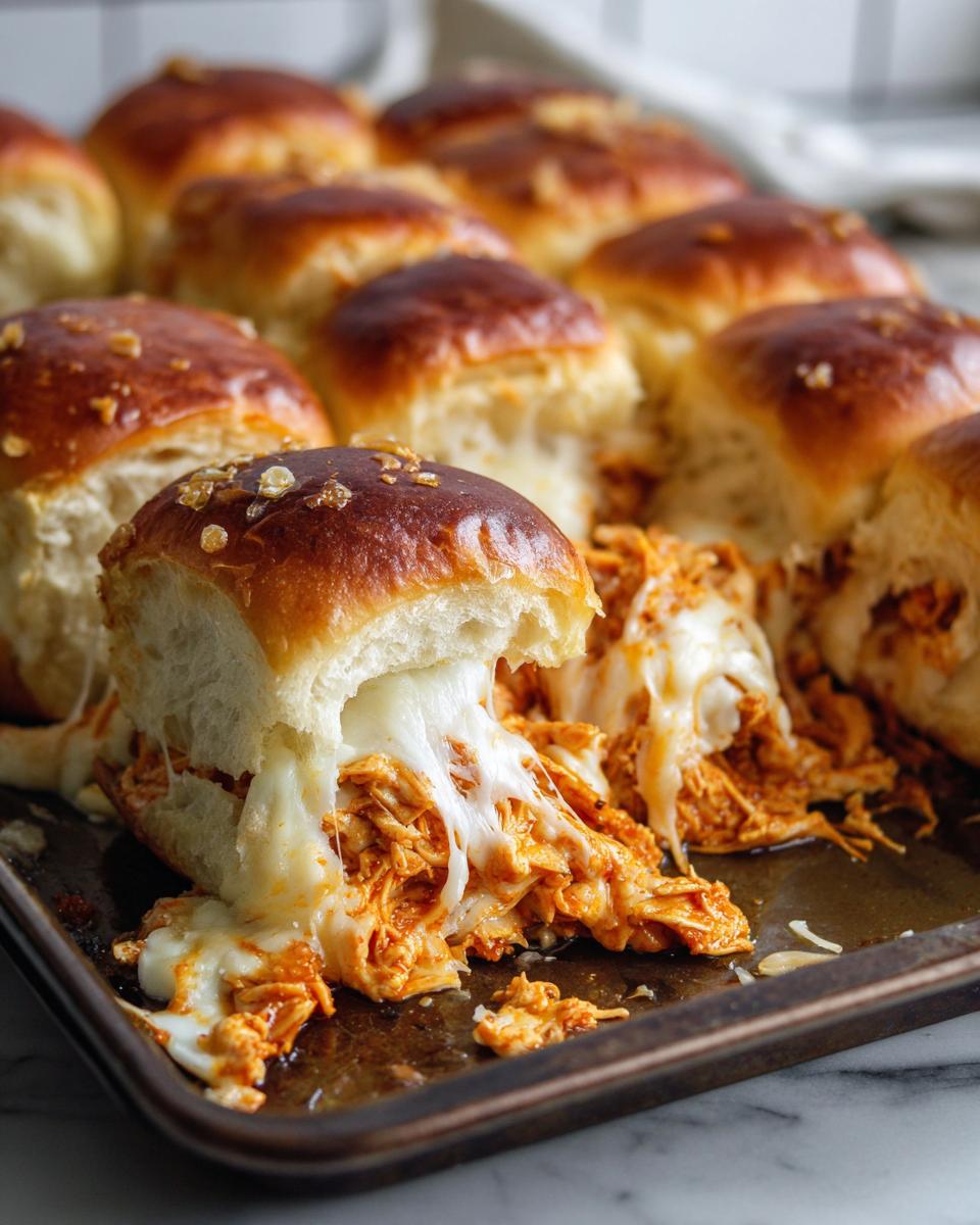 Close-up of one of the buffalo chicken sliders being pulled open, showing melted, stringy cheese and shredded buffalo chicken filling.