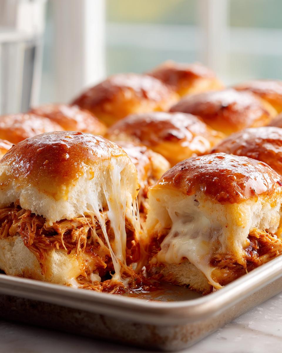 Close-up of gooey buffalo chicken sliders with melted cheese stretching between two halves.