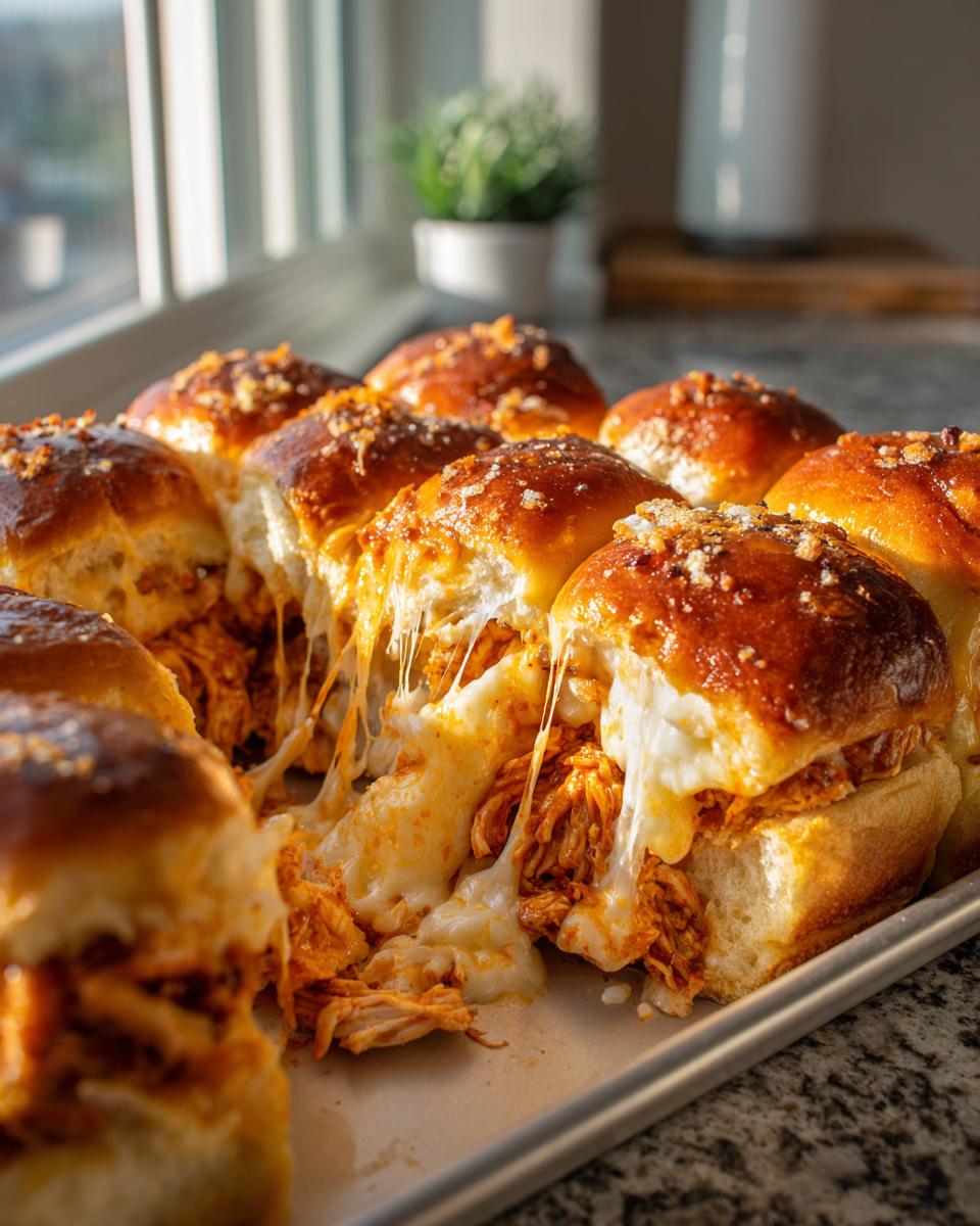 Close-up of baked buffalo chicken sliders with melted cheese stretching between the rolls.