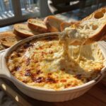 A piece of toasted bread dipping into a hot, cheesy bread dip, showing a long, stretchy cheese pull.